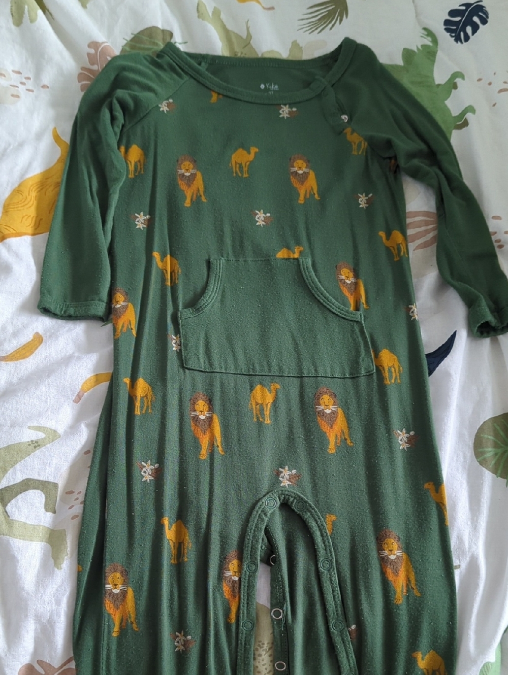 Kyte Baby - Green Button Romper with Lion & Camel Print